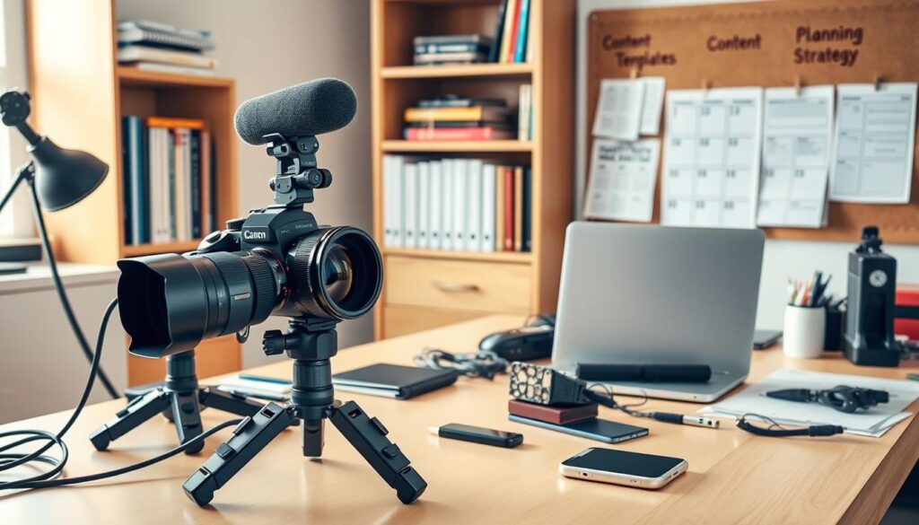 A well-lit office desk with an array of tools and accessories for content atomization. In the foreground, a high-quality digital camera with a wide-angle lens, a tripod, and a microphone. In the middle ground, a laptop, a smartphone, and various cables and adapters. In the background, a bookshelf filled with marketing and social media strategy books, along with a cork board displaying content planning templates and a calendar. The lighting is warm and natural, creating a productive and focused atmosphere. The composition emphasizes the tools and technologies needed for effective content atomization, conveying a sense of professionalism and organization.