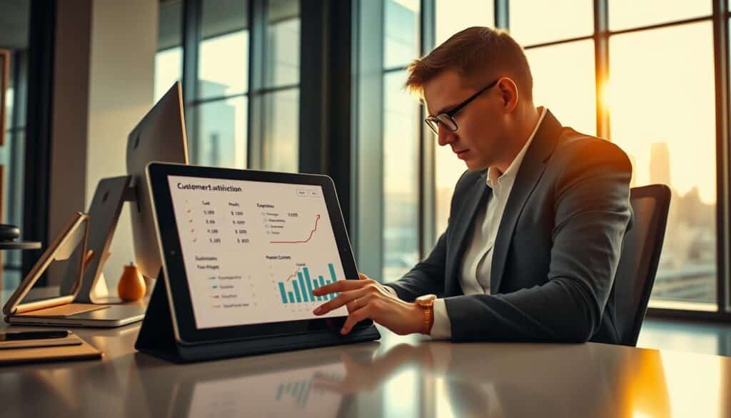 A well-lit office interior with a modern desk, computer, and office supplies. On the desk, a tablet displaying a survey form and a customer satisfaction graph. In the foreground, a professional-looking person in business attire, intently studying the data on the screen. The background features a large window overlooking a cityscape, creating a sense of productivity and diligence. The lighting is warm and inviting, setting a tone of thoughtful analysis and customer-centric focus. The overall composition conveys the idea of measuring and improving customer satisfaction through data-driven insights.