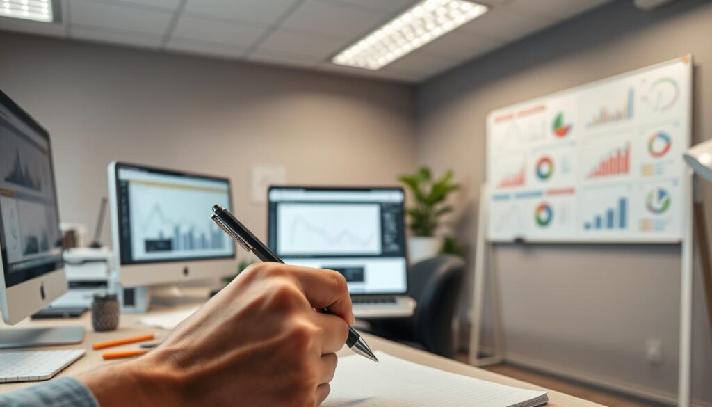 A well-lit office setting with a desktop computer, notepad, and various office supplies on the desk. In the foreground, a person's hand is holding a pen, poised to take notes. The middle ground features a laptop displaying a spreadsheet or data visualization, suggesting the process of data analysis and comparison. The background showcases a whiteboard or wall display with various charts, graphs, and information, representing the benchmarking process. The overall atmosphere is focused and professional, with a sense of diligence and attention to detail.