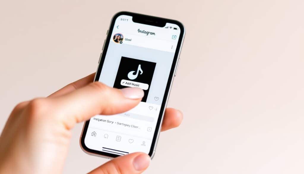 A woman's hand holds a smartphone, the screen displaying an Instagram stories interface. The smartphone is positioned against a simple, minimalist background, with a gradient of soft, pastel colors creating a serene, inviting atmosphere. The woman's hand gently taps on the "Add Music" icon, highlighting the intuitive step-by-step process of incorporating music into an Instagram story. The lighting is natural, slightly diffused, emphasizing the simplicity and ease of the action. The overall composition conveys a sense of effortless creativity, inspiring the viewer to explore the possibilities of enhancing their social media stories with the addition of music.