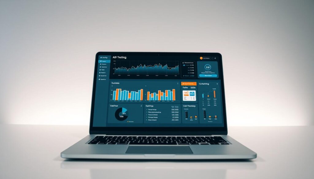 A/B testing data visualization dashboard on a modern, sleek laptop display. The screen shows line graphs, bar charts, and other analytic tools used to track and optimize click-through rates. The laptop is positioned on a minimalist desk with clean, white surfaces and subtle accent lighting. The composition emphasizes the data-driven, iterative process of A/B testing to improve marketing campaign performance. The overall mood is one of focus, efficiency, and data-driven decision making.