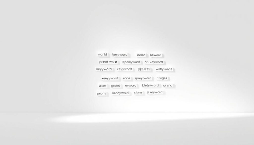 An elegant, minimalist illustration depicting the "ideal keyword density" concept. A clean, white background serves as the canvas, with a central focus on a neatly organized grid of carefully selected keywords, each one represented by a distinct, beautifully crafted glyph or icon. The keywords appear to float in a harmonious arrangement, with subtle, well-balanced spacing that conveys a sense of balance and proportion. Soft, directional lighting from the upper left casts gentle shadows, adding depth and dimensionality to the composition. The overall mood is one of simplicity, clarity, and visual harmony - a representation of the "ideal" keyword density for effective SEO practices.