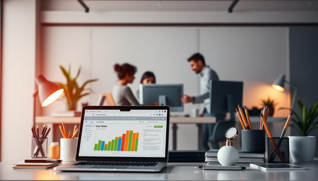 Criação de conteúdo otimizado: a vibrant digital landscape showcasing a modern office workspace, with a focus on optimization and search engine optimization. In the foreground, a laptop displays an analytical dashboard, reflecting the data-driven approach to content creation. Surrounding it, various digital devices and office supplies symbolize the tools and technologies involved in crafting optimized content. In the middle ground, a team of creative professionals collaborates, their faces illuminated by the glow of computer screens. The background features a sleek, minimalist design, with clean lines and a neutral color palette, evoking a sense of efficiency and professionalism. Soft, directional lighting casts a warm, productive atmosphere, while the composition emphasizes the interconnected nature of content creation and search engine optimization.