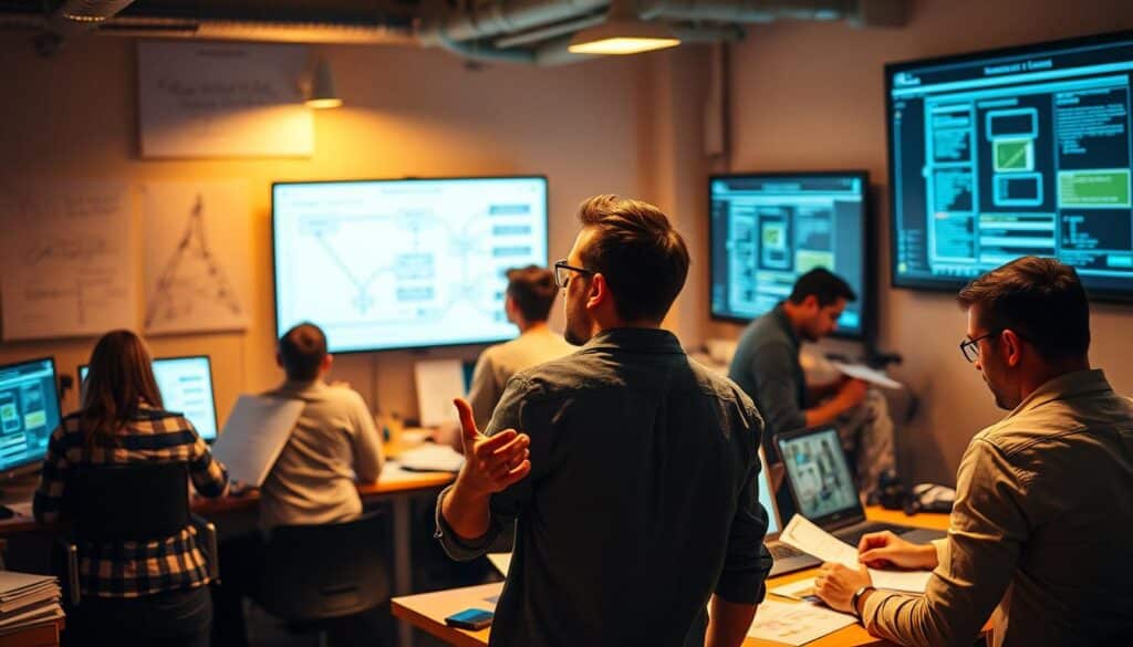 Desafios na implementação de uma boa UX: a bustling office scene with designers and developers collaborating intensely, surrounded by sketches, wireframes, and digital screens displaying user flow diagrams. Warm lighting casts a focused, problem-solving atmosphere as the team works to overcome obstacles in creating an intuitive, seamless user experience. In the foreground, a designer gestures passionately while reviewing usability test results, while in the background, a developer furiously codes, troubleshooting technical challenges. The overall mood is one of creative energy and determination to deliver a delightful user experience.