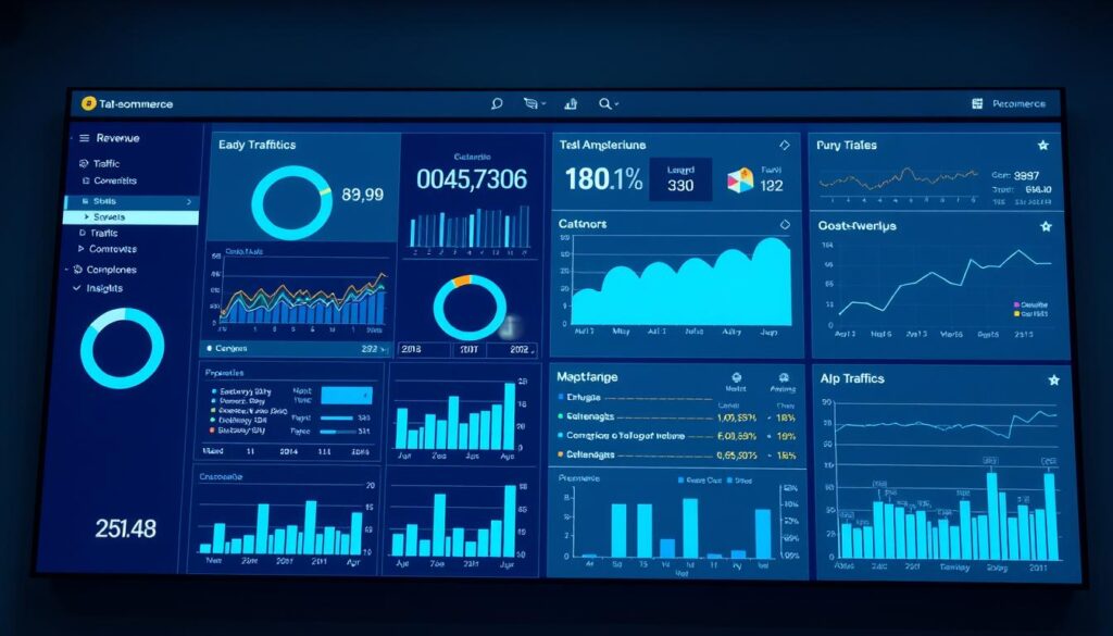Detailed e-commerce data analysis dashboard, with interactive charts and graphs displaying key performance metrics such as revenue, traffic, conversion rates, and customer behavior insights. Sleek, minimalist interface with a cool, professional color palette of blues and grays. Soft, even studio lighting illuminates the clean, modern design. View from slightly elevated camera angle to convey a sense of analytical perspective and data-driven decision making.