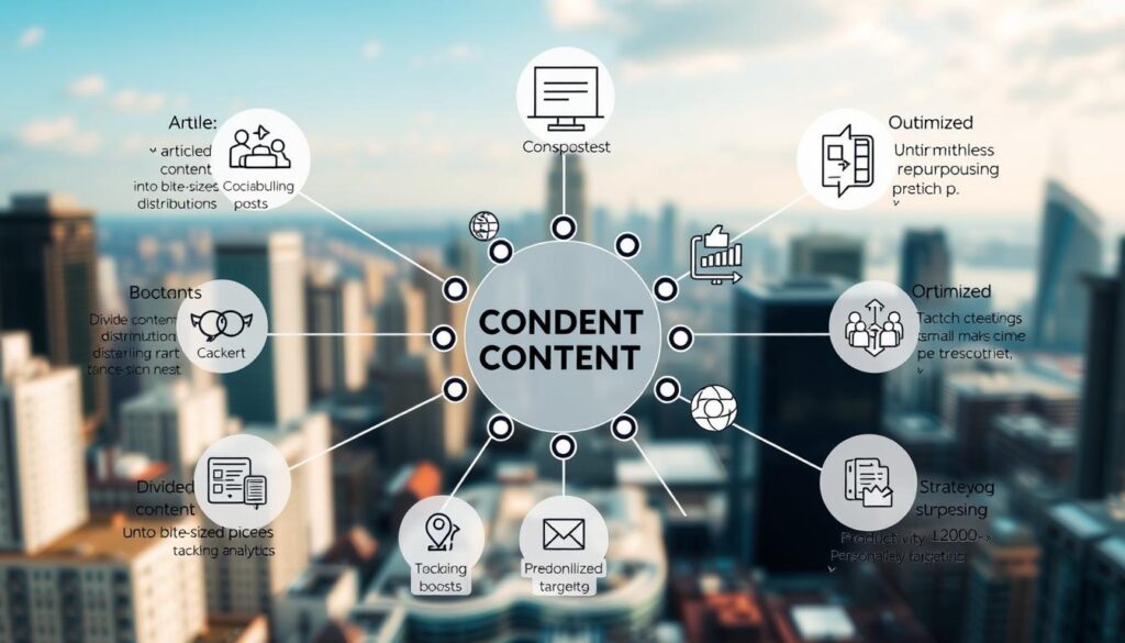 Detailed, technical diagram showcasing tips for maximizing content atomization efficiency. In the foreground, a central hub with various content formats like articles, videos, and social media posts. Surrounding it, distinctive icons representing best practices - dividing content into bite-sized pieces, streamlining distribution, tracking analytics. In the middle ground, a grid layout with visual representations of productivity boosts, such as optimized scheduling, strategic repurposing, and personalized targeting. The background features a softly blurred cityscape, evoking a modern, digital landscape. Crisp, high-contrast lighting with a slight blue-green tint, captured with a wide-angle lens to emphasize the comprehensive scope of the guidance.