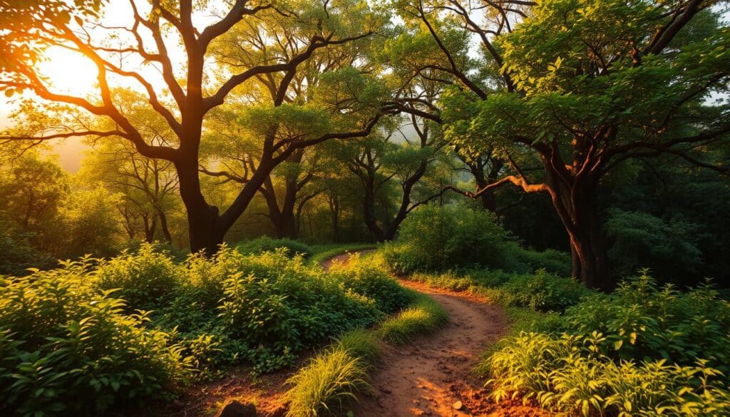 Visibilidade orgânica: a lush, verdant landscape with towering trees, vibrant foliage, and a natural, earthy atmosphere. Warm, golden sunlight filters through the canopy, casting a soft, diffused glow across the scene. In the foreground, a winding path meanders through the undergrowth, leading the viewer's eye deeper into the organic, untamed environment. Intricate textures of bark, leaves, and soil create a tactile, immersive experience. The overall mood is one of tranquility, harmony, and the effortless flow of nature, reflecting the advantages of organic search engine optimization.