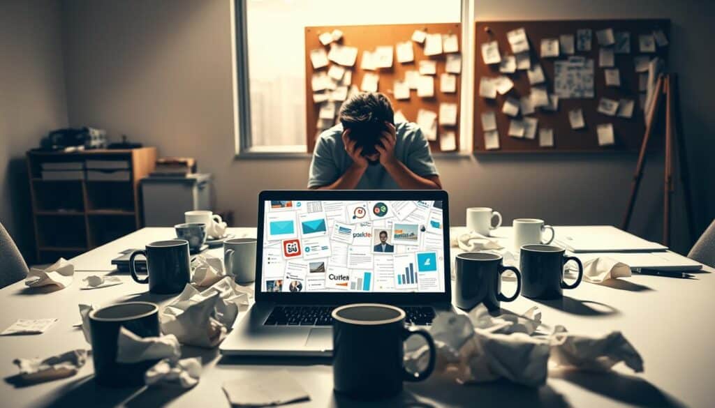 A clean, minimalist office setting with a cluttered desk, surrounded by discarded crumpled papers and half-empty coffee mugs. Dim, warm lighting casts long shadows, creating a sense of frustration and disorganization. In the foreground, a laptop screen displays a jumbled mess of social media icons, analytics charts, and unfinished content ideas. The middle ground features a person, head in hands, looking stressed and overwhelmed. In the background, a corkboard is covered in hastily pinned notes, to-do lists, and reminders, highlighting the common pitfalls of content marketing - lack of focus, poor planning, and content overload.