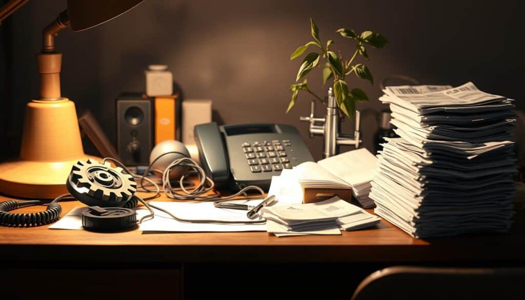 A cluttered desk with various items representing common obstacles to startup growth - a broken gear, a tangled phone cord, a leaky faucet, a withered plant, and a stack of unpaid bills. The desk is illuminated by a warm, incandescent lamp, casting long shadows that create a sense of frustration and disarray. The background is slightly blurred, emphasizing the focus on the desk and its jumbled contents. The overall atmosphere conveys the challenges and pitfalls that founders often face when trying to gain traction for their new ventures.