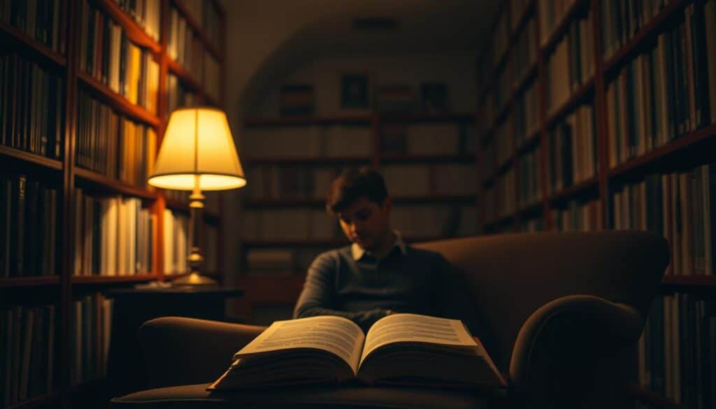 A cozy, dimly lit library scene, with bookshelves lining the walls and a comfortable armchair in the foreground. A single lamp casts a warm, inviting glow, illuminating the pages of an open book resting on the armchair's cushion. In the middle ground, a person sits entranced, lost in the world of the story, their face reflecting the wonder and emotion of the narrative. The background fades into soft, hazy shadows, creating a sense of tranquility and focus. The overall atmosphere conveys the power of storytelling to transport and captivate, without the influence of marketing or promotion.