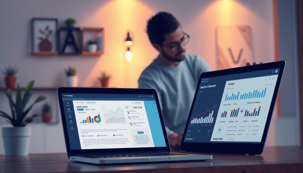 A detailed illustration of "SEO e otimização de conteúdo" against a backdrop of a modern workspace. In the foreground, a laptop display showcases a website optimization dashboard, with graphs, metrics, and optimization tools. In the middle ground, a person diligently types on a keyboard, their face illuminated by the laptop's glow. The background features a minimalist office setup, with geometric shelves, potted plants, and warm, directional lighting casting a soft, productive ambiance. The overall scene conveys a sense of digital content optimization, with a focus on data-driven, strategic website improvements.