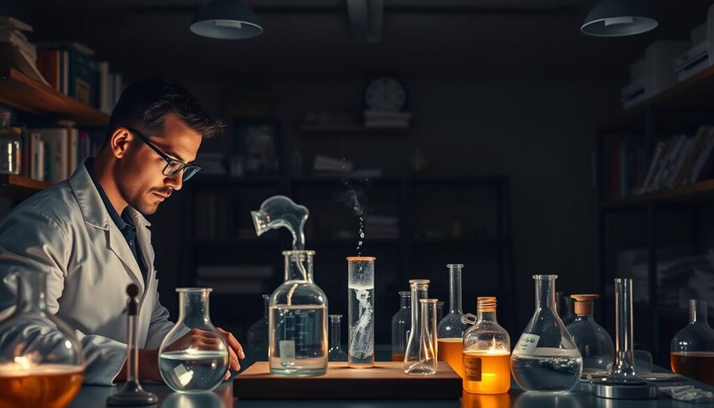 A dimly lit laboratory filled with scientific equipment and glassware, with a central workbench showcasing a series of experiments in progress. Beakers bubble, test tubes glow, and a focused scientist in a white lab coat carefully observes the reactions, their face illuminated by the soft glow of the apparatus. In the background, shelves of books and papers hint at the depth of knowledge and exploration fueling the experimentation. The scene conveys the importance of curiosity, diligence, and the pursuit of understanding, creating a contemplative and inspiring atmosphere.