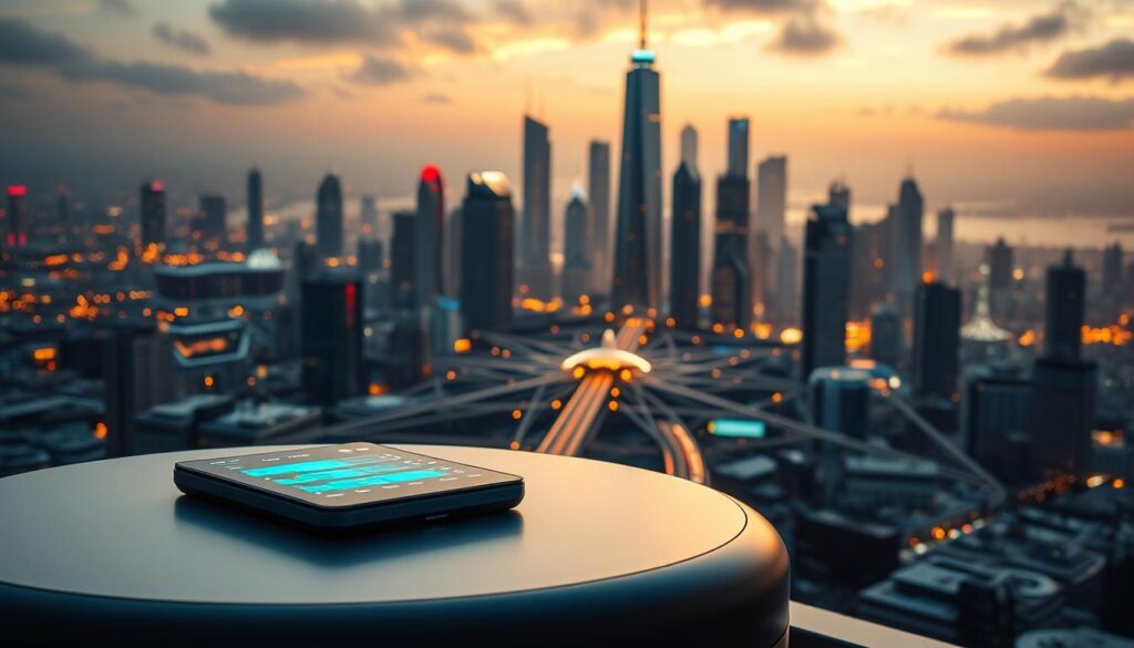 A stunning technological landscape, where innovation and marketing intertwine seamlessly. In the foreground, a sleek, futuristic device illuminates the scene, its smooth surface reflecting the vibrant colors of a dynamic digital display. The middle ground features a network of interconnected devices, pulsing with the energy of data transfer and real-time analytics. In the background, a cityscape of gleaming skyscrapers and futuristic architecture serves as a backdrop, symbolizing the integration of technology into the very fabric of modern marketing. Soft, directional lighting casts dramatic shadows, creating a sense of depth and atmosphere. The overall mood is one of progress, efficiency, and the transformative power of technology in the contemporary marketing landscape.