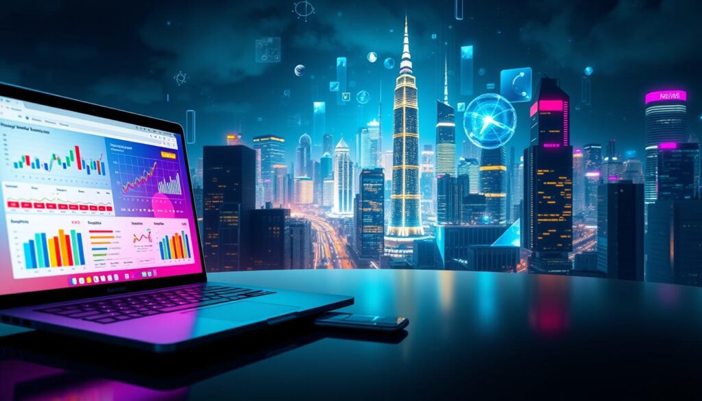 A vibrant, digital marketing landscape with a dynamic array of screens, devices, and data visualizations. In the foreground, a laptop displays colorful analytics and campaign metrics, reflecting the analytical nature of modern marketing. The middle ground features an array of smartphones, tablets, and other digital touchpoints, symbolizing the omnichannel approach. In the background, a futuristic cityscape with neon-lit skyscrapers and holographic projections suggests the technological advancements that shape the industry. The overall mood is one of innovation, data-driven decision-making, and the seamless integration of digital platforms.