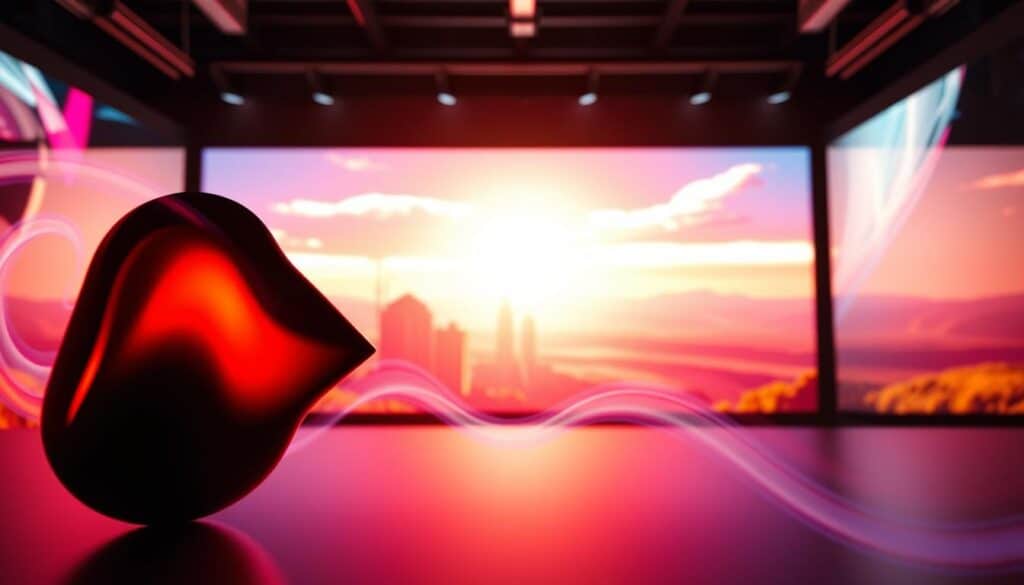 A vibrant, dynamic transformation in the world of marketing. In the foreground, a morphing shape symbolizes the fluid, ever-changing nature of the industry, its edges blurring and shifting with energy. The middle ground features bold, geometric forms in a color palette of warm, compelling hues, representing the innovative strategies and techniques emerging. In the background, a luminous, soft-focused landscape suggests the broad, visionary scope of modern marketing, the boundless potential for growth and evolution. The lighting is dramatic, with dramatic shadows and highlights, evoking a sense of momentum and possibility. The overall mood is one of progress, change, and visionary transformation.