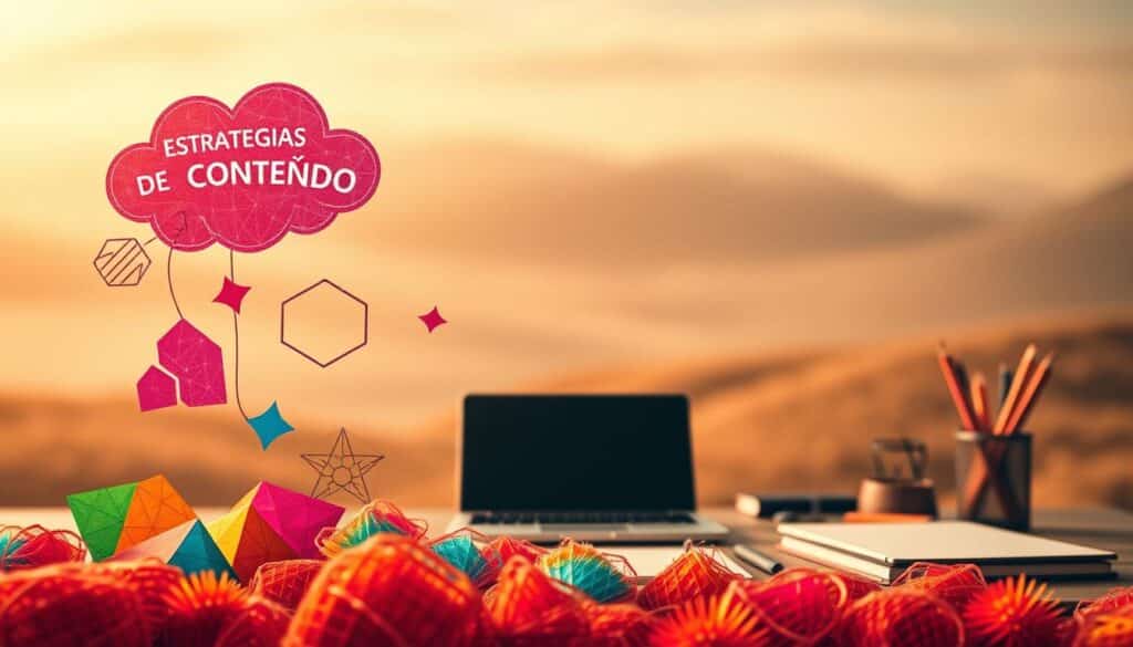 A vibrant, richly textured image of "estratégias de conteúdo" against a soft, blurred background. In the foreground, a collection of colorful, geometric shapes and patterns representing different content creation strategies - from brainstorming clouds to outlined content frameworks. The midground features a workspace with a laptop, notebook, and various stationery items, evoking the creative process. In the background, a muted, abstract landscape with subtle gradients and tones, setting a contemplative, thoughtful mood. The lighting is warm and diffused, creating a sense of depth and dimension. The composition is balanced and visually striking, guiding the viewer's eye through the various elements.