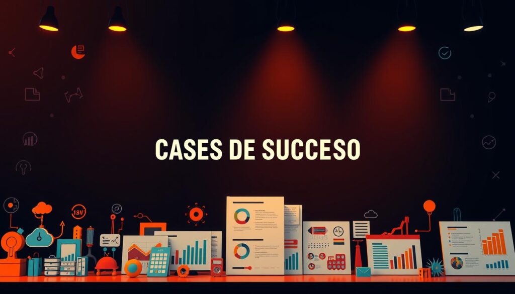 A vivid and dynamic showcase of successful business case studies, captured in a sleek and modern visual composition. In the foreground, a collection of stylized icons and symbols representing various industries and sectors, each one a testament to the power of strategic content marketing. The middle ground features a series of neatly arranged infographics and data visualizations, conveying the key insights and takeaways from these "cases de sucesso". Anchoring the background, a minimalist, yet sophisticated typographic treatment of the section title, bathed in warm, directional lighting that lends a sense of authority and professionalism to the overall scene. The image exudes a polished, almost editorial quality, capturing the essence of the subject matter with a balance of conceptual and practical elements.