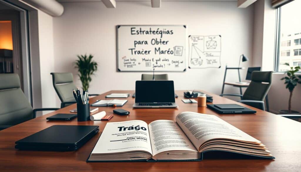 A well-lit, modern office interior with a large desk and comfortable chairs. On the desk, an open book titled "Tração" by Gabriel Weinberg and Justin Mares, surrounded by various office supplies and a laptop computer. In the background, a wall-mounted whiteboard with the title "Estratégias para Obter Tração" written on it, accompanied by diagrams and notes. The lighting is warm and focused, creating a productive and inspirational atmosphere. The camera angle is slightly elevated, giving a sense of authority and professionalism to the scene.