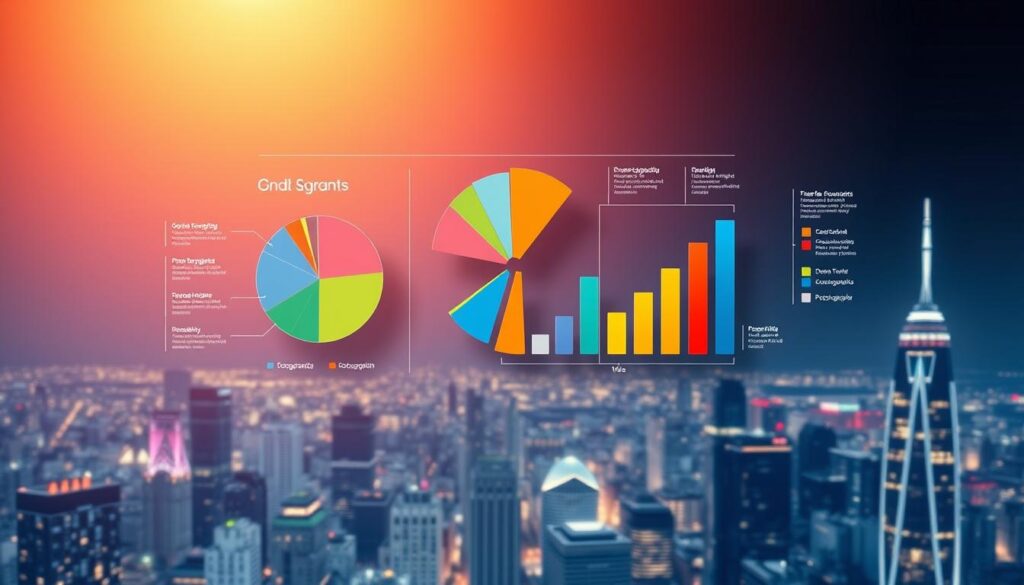 Detailed market segmentation diagram with colorful pie charts and bar graphs floating above an abstract cityscape. Illuminated by soft, warm lighting from above, creating a sense of depth and dimension. The various segments are clearly differentiated by distinct colors and shapes, showcasing demographic, geographic, and psychographic data. The sleek, minimalist design evokes a modern, analytical aesthetic suitable for a business strategy textbook or presentation.