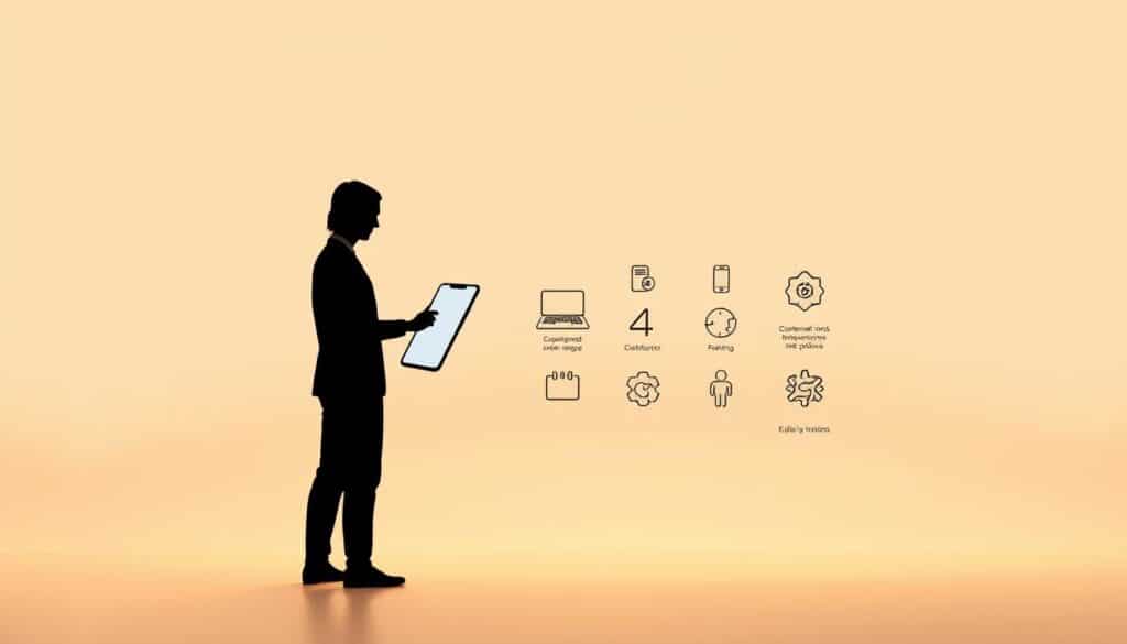 A crisp and minimalist illustration of the concept of UX (user experience) design. In the foreground, a stylized human silhouette interacts with a simple, clean interface on a sleek digital device, symbolizing the user-centric focus of UX. The middle ground features a series of intuitive icons and design elements, representing the various UX principles and techniques. The background has a soft, gradient-based color scheme, creating a calming and professional atmosphere. Warm lighting casts a subtle glow, emphasizing the thoughtful and user-friendly nature of the UX design. The overall composition conveys the importance of designing interfaces that prioritize the user's needs, experiences, and satisfaction.