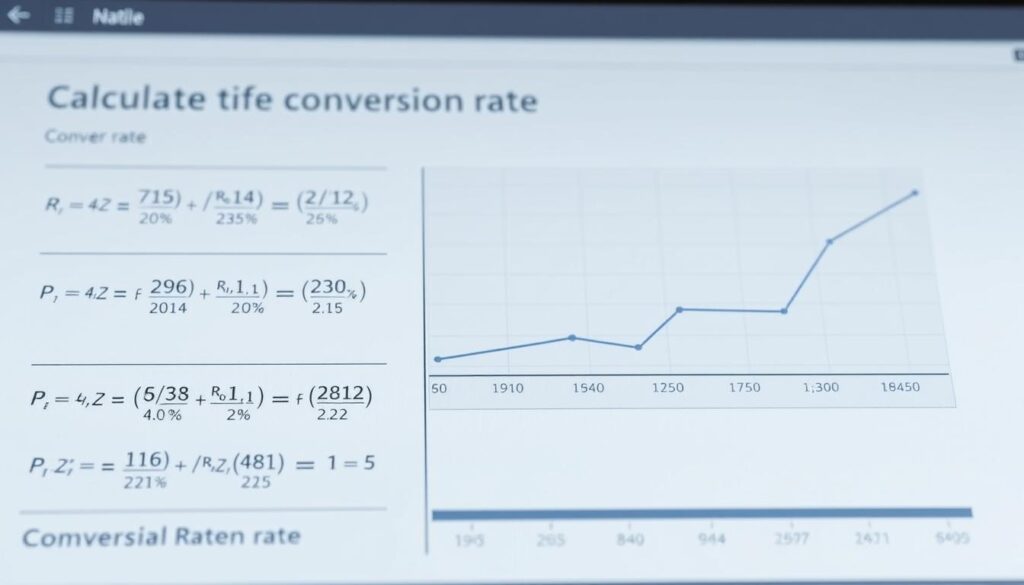 A detailed, informative data visualization depicting the calculation of conversion rate. In the foreground, a clean, minimalist interface showcases a series of mathematical equations and calculations, with variables, percentages, and formulas clearly displayed. The middle ground features a line graph charting the changes in conversion rate over time, the data points connected by smooth curves. In the background, a subtle grid or graph paper texture provides a sense of structure and organization. The overall aesthetic is sleek, modern, and professional, using a muted color palette of grays, blues, and blacks to convey a sense of precision and analytical rigor. Bright highlights and careful use of shadows add depth and dimensionality to the scene. The lighting is soft and diffused, creating an atmosphere of thoughtful contemplation.
