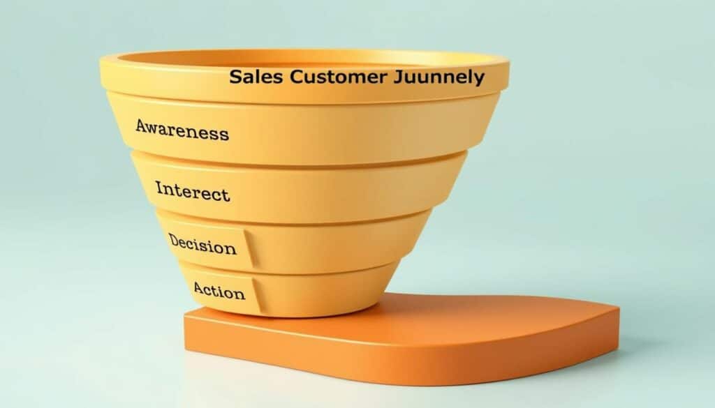 A detailed, three-dimensional illustration of a sales funnel depicting the various stages of the customer journey. The funnel should have a clean, minimalist design with a clear focus on the core elements - awareness, interest, decision, and action. Render the funnel using a warm, earthy color palette to convey a sense of professionalism and reliability. Incorporate subtle lighting and shadows to give the image depth and dimension. Position the funnel slightly off-center, allowing for ample negative space to create a balanced and visually appealing composition. The overall tone should be informative and educational, reflecting the subject matter of the article.