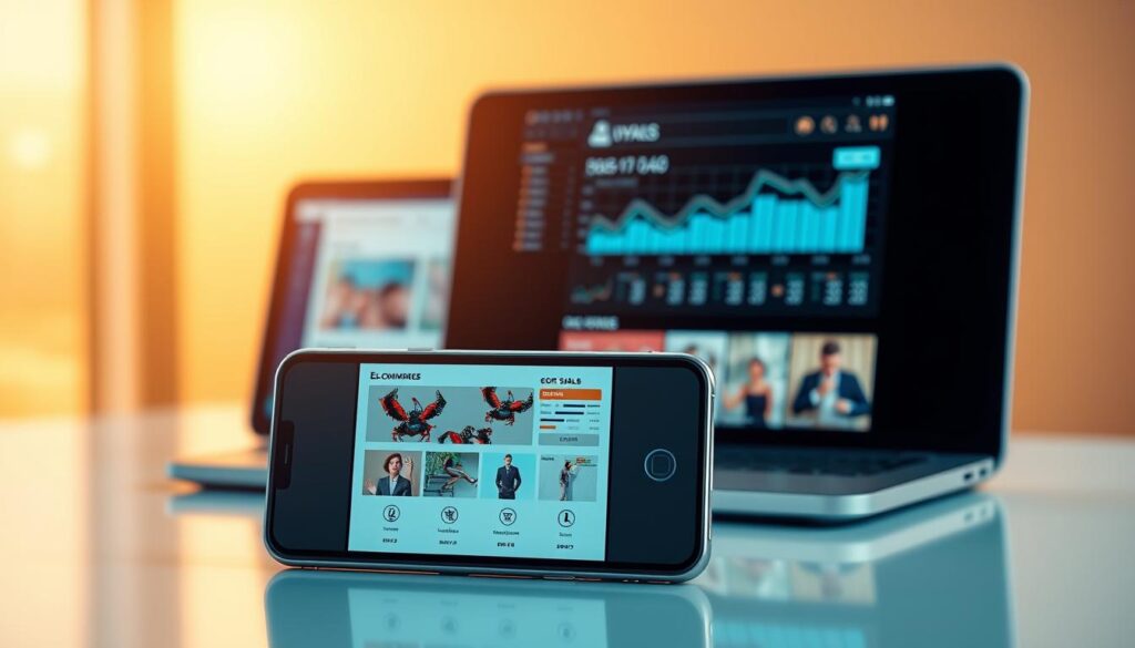 A digital rendering showcasing the impact of responsive web design on sales. In the foreground, a sleek smartphone display presenting an e-commerce website, its layout and content flawlessly adapting to the screen size. In the middle ground, a tablet and laptop devices seamlessly syncing with the website, demonstrating its cross-platform responsiveness. The background features a data visualization dashboard, illustrating the positive sales trends driven by the optimized user experience. Warm, inviting lighting casts a professional, high-tech atmosphere, while a subtle depth-of-field effect emphasizes the focal points. The overall composition conveys the powerful connection between responsive design and increased online conversions.