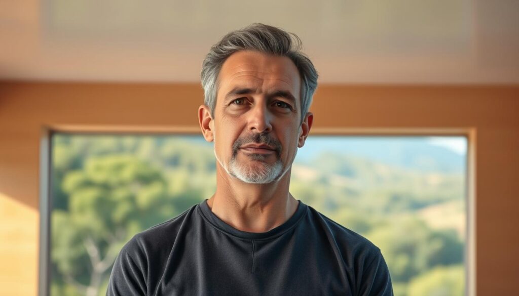A middle-aged man standing in a warm, inviting setting, his posture confident and attentive. The background features a serene, natural landscape with lush greenery and a calming sky. Soft, diffused lighting illuminates his face, emphasizing a thoughtful, introspective expression. He is dressed in casual, comfortable clothing, symbolizing the importance of self-care and wellbeing. The scene conveys a sense of balance, inner peace, and the value of proactive healthcare for men, reflecting the core message of the "Guia: Campanhas de Conscientização Novembro Azul" article and its section on "A importância da saúde masculina".