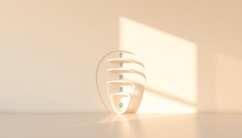 A neatly arranged set of steps forming a sales funnel, depicted with a clean, minimalist aesthetic. In the foreground, a series of concentric circles representing the various stages of the sales process, from initial awareness to final conversion. The middle ground features simple icons or symbols denoting each step, with a subtle gradient leading the eye from top to bottom. The background maintains a soft, neutral tone, allowing the core elements to take center stage. Warm, natural lighting casts gentle shadows, creating depth and dimension. The overall composition conveys a sense of structure, progression, and efficiency - the essential elements of an effective sales funnel.