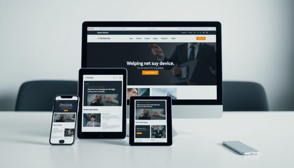 A responsive website displayed on various digital devices, including a smartphone, tablet, and desktop computer, showcasing seamless and adaptive design. The foreground depicts the website interface, highlighting its clean layout and intuitive navigation. The middle ground features the different devices - a sleek smartphone, a compact tablet, and a modern desktop monitor - seamlessly integrated into the scene. The background evokes a minimalist, office-like environment, emphasizing the importance of responsive design in a professional setting. Soft, directional lighting illuminates the scene, creating depth and emphasizing the contrast between the devices and their surroundings. The overall tone conveys a sense of efficiency, accessibility, and technological advancement, perfectly capturing the essence of "responsive design for any device."