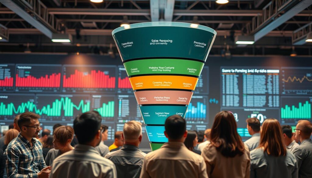 A sales funnel, meticulously crafted, stands tall, its layers strategically aligned. In the foreground, potential customers engage, their interests piqued. The middle ground showcases the funnel's stages, guiding them towards conversion. In the background, a backdrop of data and analytics, illuminating the importance of this sales optimization tool. Soft, warm lighting casts a welcoming glow, while the camera angle provides a birds-eye view, emphasizing the funnel's comprehensive nature. The overall atmosphere exudes professionalism, efficiency, and the promise of increased sales.