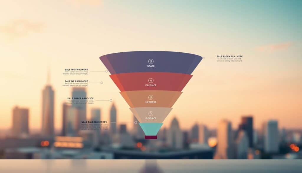 A sleek, modern sales funnel composed of interconnected stages, each represented by geometric shapes in a harmonious color palette. The foreground showcases the funnel's structure with clean lines and minimalist design, allowing the viewer to easily grasp the concept. The middle ground features subtle details, such as data visualization elements and icons, highlighting the funnel's analytical and optimization capabilities. The background presents a soft, blurred cityscape, conveying a sense of professionalism and business acumen. Warm, directional lighting creates depth and emphasizes the funnel's three-dimensional form, while a slightly elevated camera angle provides an authoritative perspective. The overall mood is one of efficiency, strategy, and sales expertise.