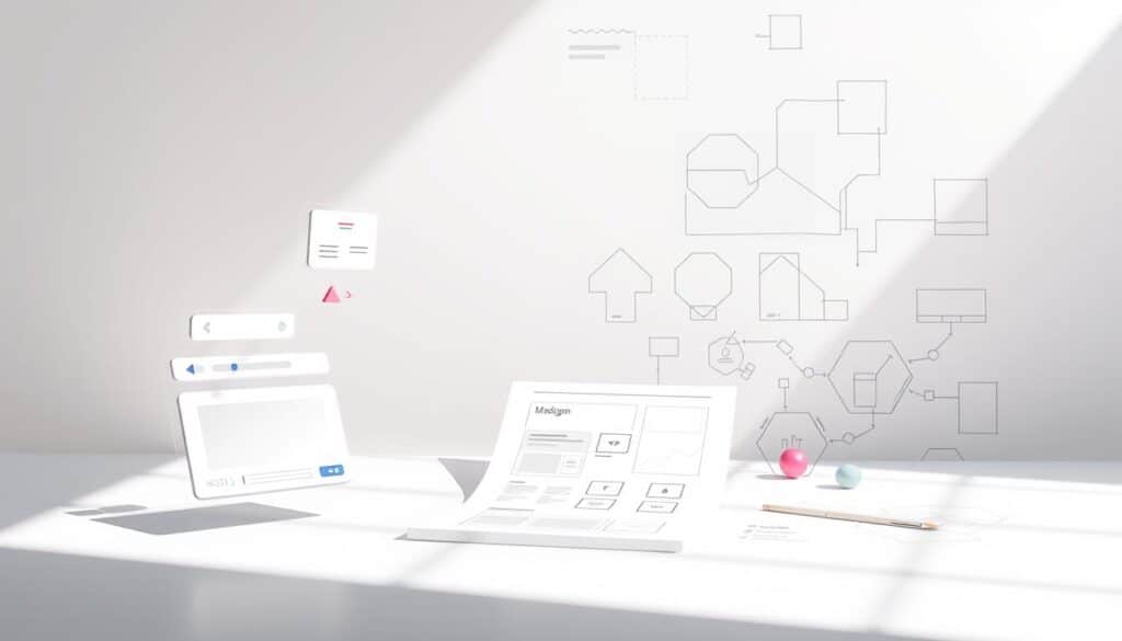 A vibrant and visually engaging composition showcasing the key elements of UX design. In the foreground, sleek and modern UI components like buttons, sliders, and menus float against a minimalist backdrop. The middle ground features wireframe layouts, user flow diagrams, and sketches, all rendered in a crisp, technical style. The background is filled with abstract geometric shapes and patterns, suggesting the intricate interplay of form, function, and user experience. Soft, directional lighting casts subtle shadows, giving depth and dimension to the scene. The overall mood is one of elegant simplicity, capturing the essence of thoughtful, user-centric design.