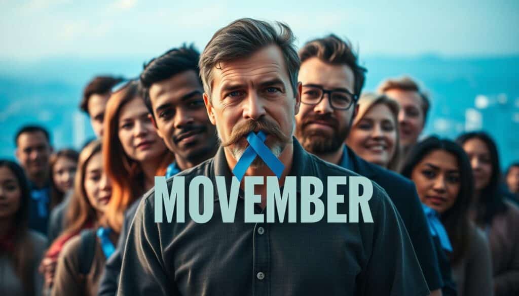 A vibrant, awareness-raising campaign for Movember, featuring a striking blue-tinted backdrop. In the foreground, a group of diverse individuals gathered, their expressions conveying a sense of unity and determination. The middle ground showcases symbolic blue ribbons, ribbons, and other Movember-themed visual elements. In the background, a softly blurred cityscape or natural setting, evoking a sense of community and global reach. Soft, directional lighting casts a contemplative, hopeful glow, while the overall composition strikes a balance between striking visuals and an emotive, impactful message.