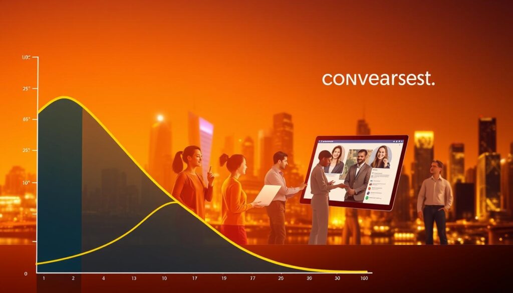 A vibrant infographic showcasing the impact of user experience on website conversion rates. In the foreground, a graph depicting a steep upward trend, representing the positive correlation between enhanced UX and increased conversions. The middle ground features diverse user personas interacting with a sleek, intuitive web interface, their expressions conveying satisfaction and engagement. In the background, a city skyline symbolizes the broader business landscape, emphasizing the importance of optimizing the user journey for commercial success. Illuminated by warm, inviting lighting, the scene exudes a sense of dynamism and progress, capturing the essence of how thoughtful UX design can drive impactful business outcomes.