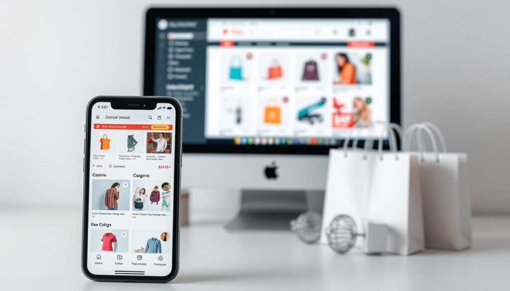 A well-designed e-commerce website featuring a responsive layout showcasing various product categories. In the foreground, a mobile device displays a clean, user-friendly interface with intuitive navigation and product images that adapt seamlessly to the screen size. The middle ground depicts a desktop computer screen mirroring the same responsive design, ensuring a consistent browsing experience across devices. In the background, a neatly arranged selection of shopping bags and online payment icons convey the benefits of a responsive e-commerce platform, including increased accessibility, improved conversion rates, and enhanced customer satisfaction.