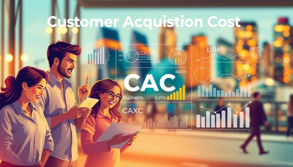 A dynamic and vibrant illustration of the importance of Customer Acquisition Cost (CAC) for a business. The foreground depicts a group of diverse customers enthusiastically engaging with a sleek, modern product or service. The middle ground showcases a series of financial metrics and charts, highlighting the critical role CAC plays in understanding customer acquisition and profitability. The background features a blurred cityscape, conveying the broader market and competitive landscape. The overall scene is bathed in warm, inviting lighting, with a sense of movement and energy, reflecting the vital significance of CAC in driving business growth and success.