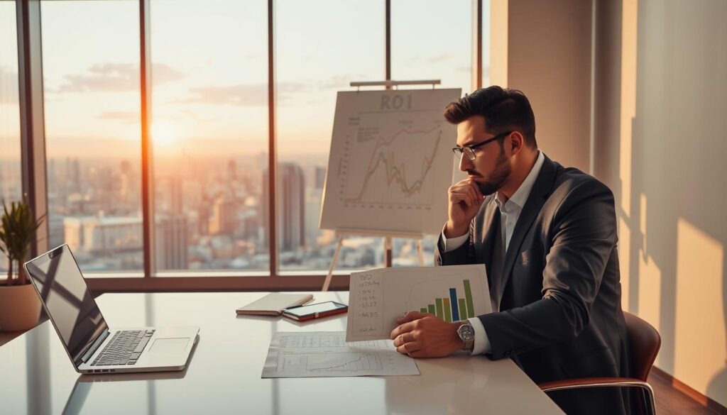 A serene office environment, bathed in soft, warm lighting. In the foreground, a well-organized desk with a laptop, a strategically placed ROI chart, and a thoughtful executive gazing intently at the data. The middle ground features a large whiteboard with ROI-related diagrams and calculations, illustrating the importance of this key performance metric. In the background, floor-to-ceiling windows offer a panoramic view of a bustling city, symbolizing the impact of sound business decisions. The overall atmosphere conveys a sense of focus, analysis, and the profound significance of understanding and optimizing the return on investment.
