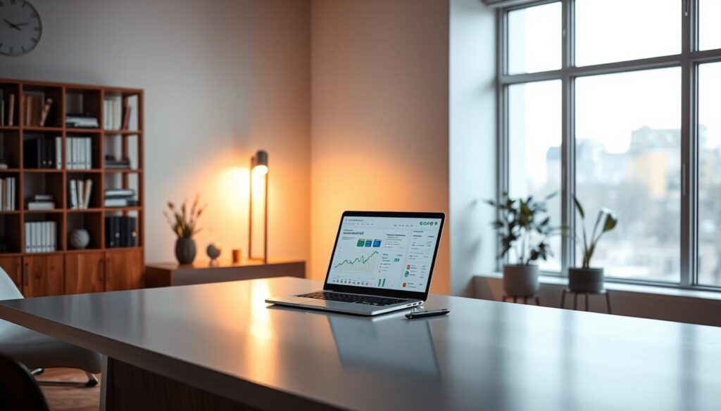 A serene office scene, with a large desk at the center, showcasing a minimalist workspace. On the desk, a laptop displays a data visualization dashboard, representing the concept of "Entendendo a Taxa de Abandono". Soft, diffused lighting from a large window casts a warm glow, creating a contemplative atmosphere. In the background, a bookshelf and a few potted plants add a touch of sophistication. The scene conveys a sense of focus and analytical thinking, perfectly suited to illustrate the understanding of website abandonment rates.