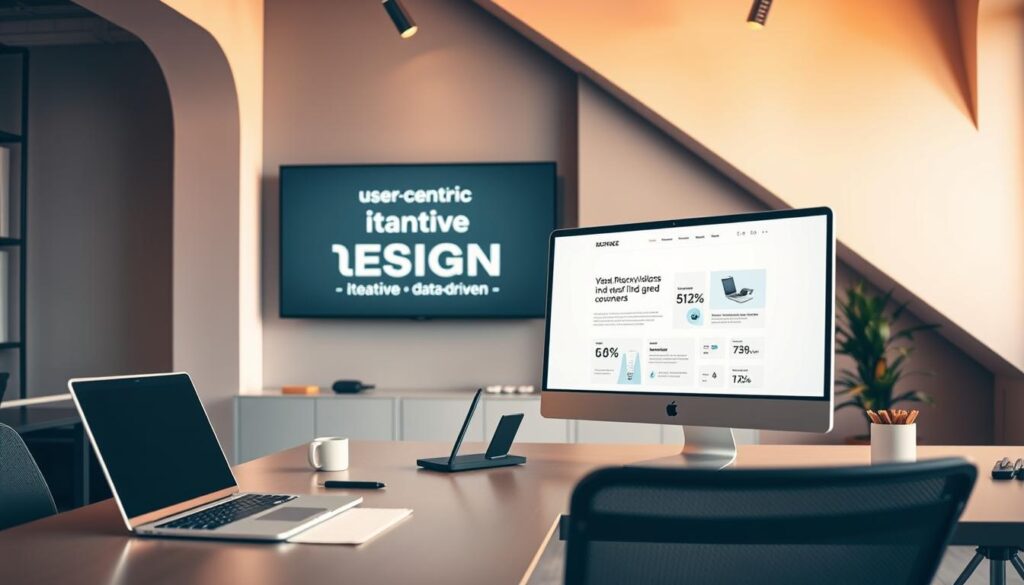 A sleek, modern office scene with a focus on user experience design. In the foreground, a designer's desk features a laptop, stylus, and minimalist workspace accessories. The middle ground showcases a large monitor displaying a web design mockup, with clean typography and intuitive interface elements. In the background, a wall-mounted display highlights the key principles of UX design: user-centric, iterative, data-driven. Warm, diffused lighting creates a calm, productive atmosphere, while the angular, geometric architecture suggests a dynamic, forward-thinking space. Overall, the image conveys the strategic importance of UX design in transforming visitors into engaged customers.