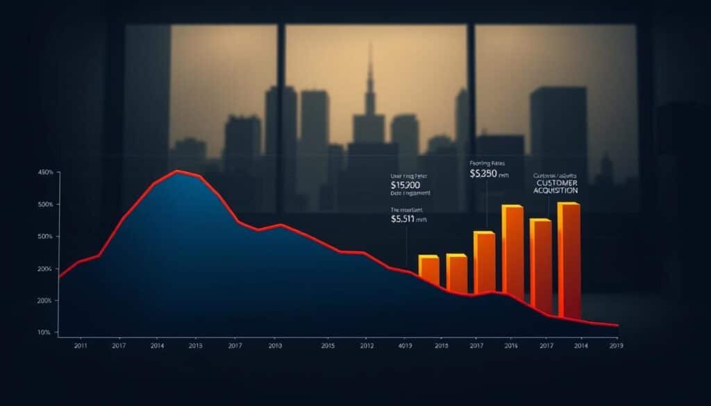 A striking, data-driven visualization depicting the impact of high abandonment rates on a website's performance. In the foreground, a dramatic line graph charts the steep decline in user engagement, rendered in bold, vivid colors. The midground features a series of 3D bar charts illustrating the cascading financial and customer acquisition costs associated with high abandonment. In the atmospheric background, a subdued cityscape or office setting provides context, lit by a moody, dramatic chiaroscuro lighting that casts dramatic shadows. The overall mood is one of urgency and the need for proactive intervention, conveying the critical importance of understanding and addressing abandonment issues.