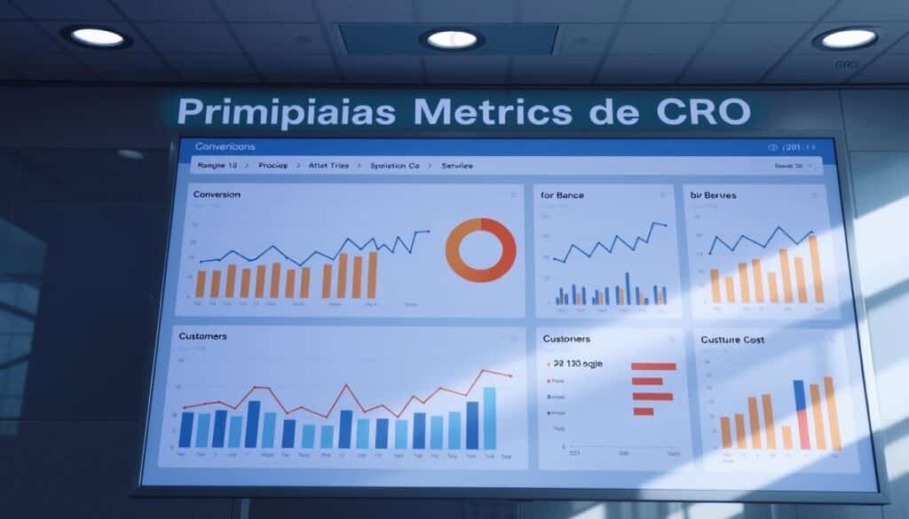 A well-lit business dashboard displaying an array of interactive charts and graphs, showcasing key CRO (Conversion Rate Optimization) metrics such as conversion rate, click-through rate, bounce rate, and customer acquisition cost. The dashboard features a clean, modern design with clear data visualization elements, allowing the viewer to easily interpret and analyze the performance data. The overall atmosphere conveys a sense of analytical precision and data-driven decision-making, complementing the "Principais Métricas de CRO" section of the article.