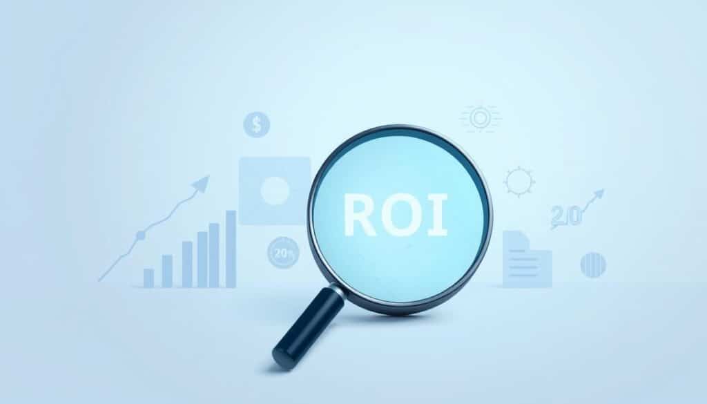 a detailed vector illustration of the definition of ROI (return on investment), featuring a clear, clean design with a focus on simplicity and legibility. The foreground shows a magnifying glass hovering over a numerical calculation, highlighting the analytical aspect of ROI. The middle ground features geometric shapes and icons representing different business metrics and financial data. The background has a minimalist, gradient-based color scheme in cool tones to create a sense of professionalism and clarity. The lighting is soft and directional, creating subtle shadows and highlights to enhance the 3D feel of the illustration. The camera angle is a slightly elevated perspective to give an overview of the concept.